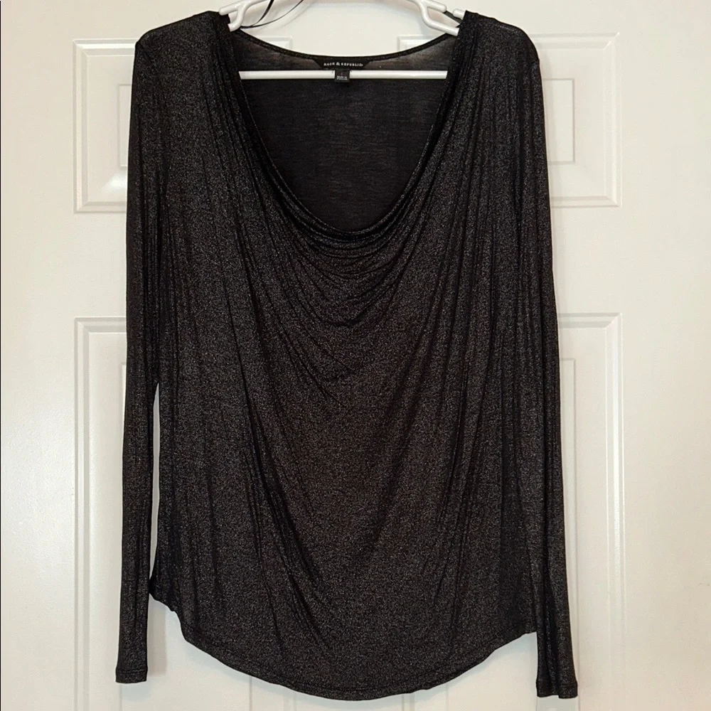 Rock & Republic Metallic LS Top L Black/Silver NWOT Draped Glam Sparkle